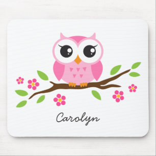 Cute pink owl on floral branch personalised name mouse mat