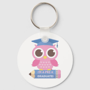 Cute Pink Owl On Pencil, Preschool Graduate Key Ring