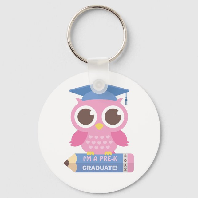 Cute Pink Owl On Pencil, Preschool Graduate Key Ring (Front)