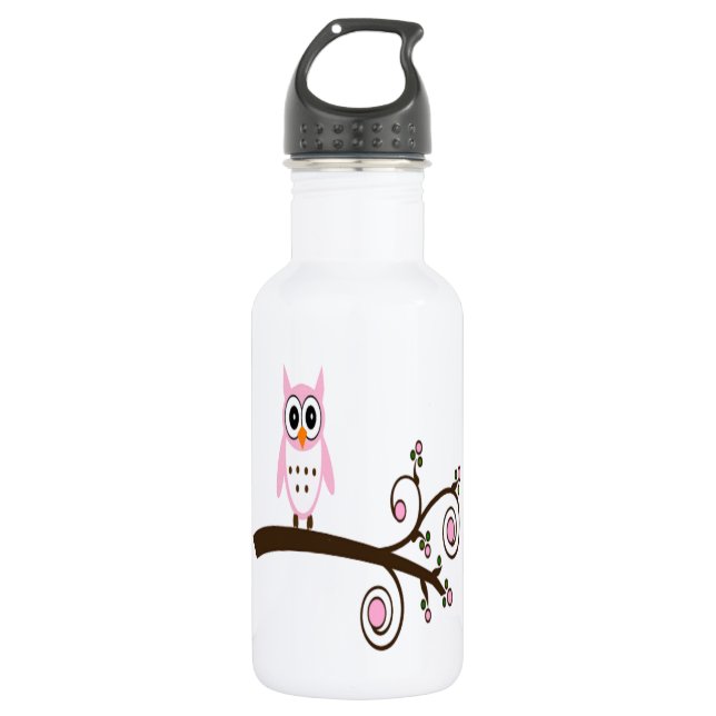 Cute Pink Owl On Tree Branch 532 Ml Water Bottle (Front)