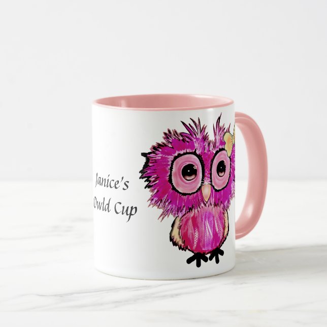 Cute Pink Owl (Owld Cup) Editable Mug (Front Right)