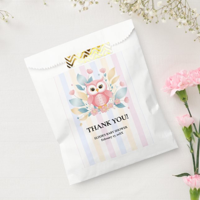 Cute Pink Owl Pastel Floral Design Baby Shower Favour Bags (Sealed)