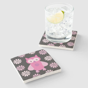 Cute pink owl stone coaster