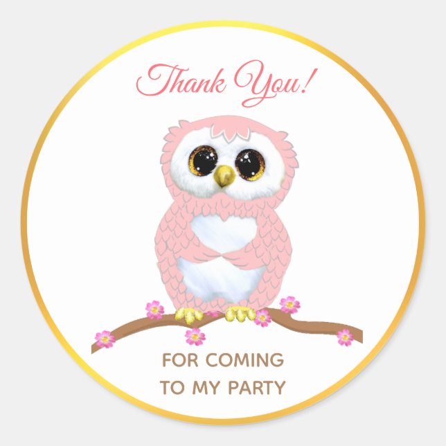 Cute pink owl thank you classic round sticker (Front)