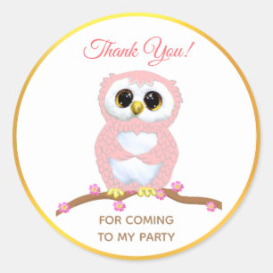 Cute pink owl thank you classic round sticker