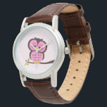 Cute Pink Owl Watch<br><div class="desc">Stylish custom watch features a sweet vector illustration of an owl perched on a tree branch on a polka dots pattern background.  Babystar Design at mygrafico.com</div>