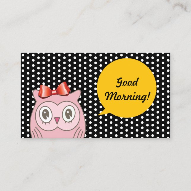 Cute Pink Owl White Spots Teacher Business Card (Front)
