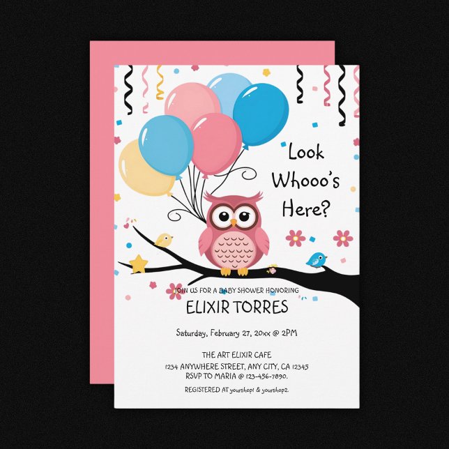 Cute Pink Owl with Balloons & Confetti Baby Shower Invitation (Creator Uploaded)