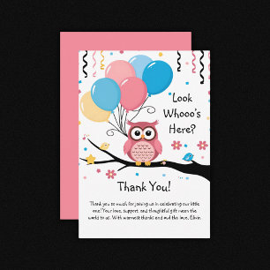 Cute Pink Owl with Balloons & Confetti Baby Shower Thank You Card