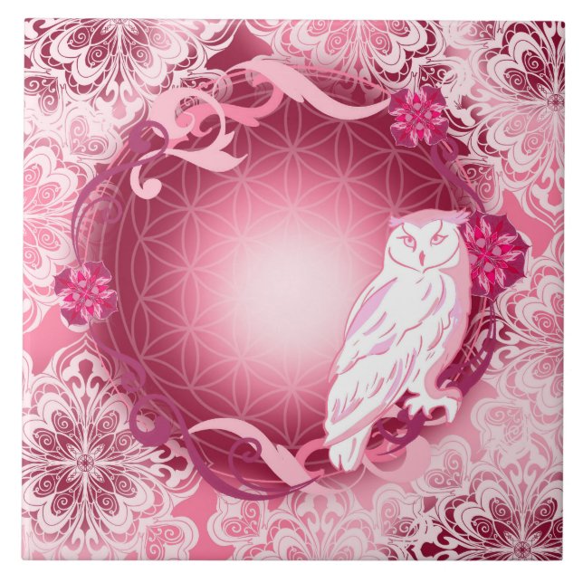 Cute Pink Owl with Flower of Life  Tile (Front)