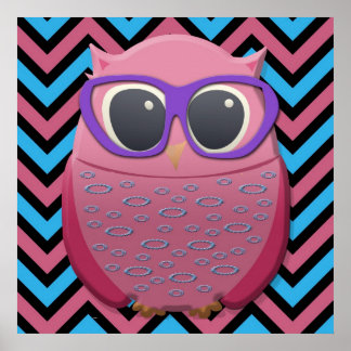 Cute Pink Owl with Glasses on Chevron Poster