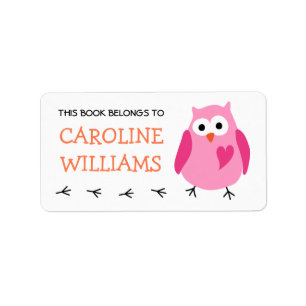 Cute pink owl with heart girls bookplate book label