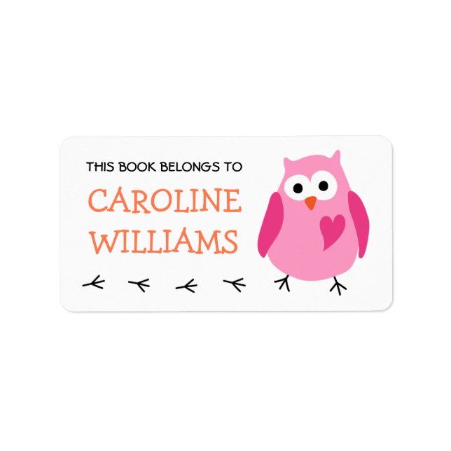 Cute pink owl with heart girls bookplate book label (Front)