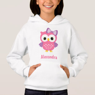 Cute Pink Owl with Personalised Name Girl Hoodie