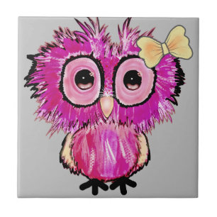 Cute Pink Owl with ribbon bow Tile