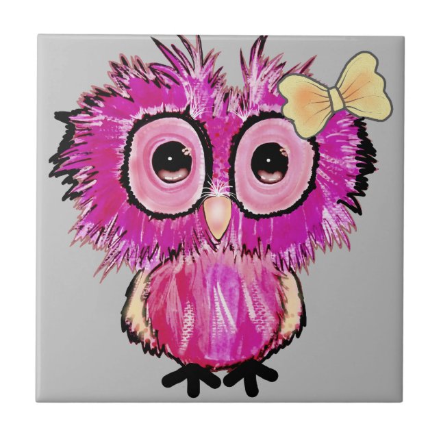 Cute Pink Owl with ribbon bow Tile (Front)