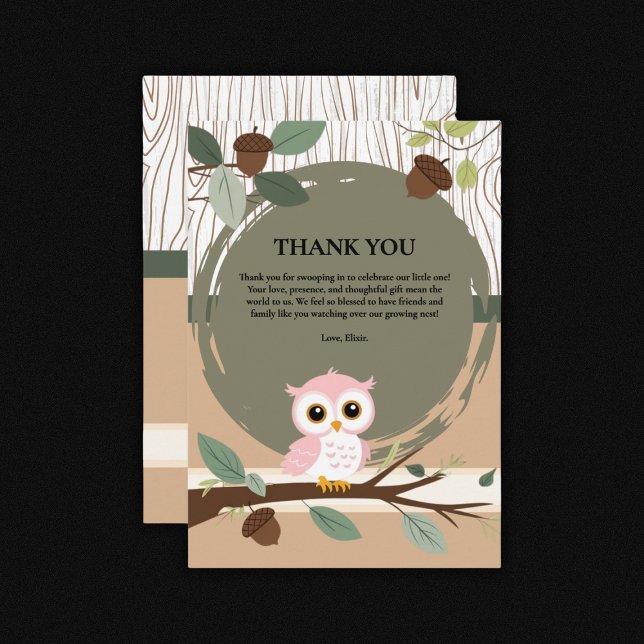 Cute Pink Owl Woodland Forest Baby Shower Thank You Card (Creator Uploaded)