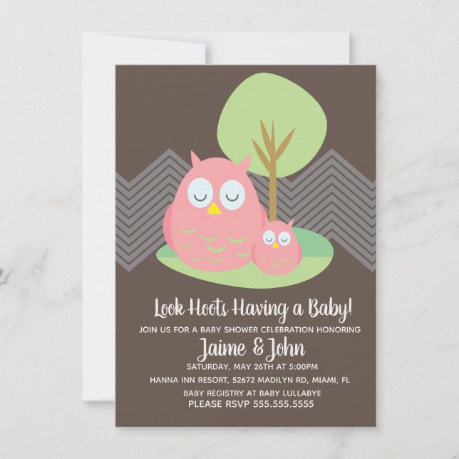 Cute Pink Owl Woods Baby Shower Gender Reveal Invitation (Front)