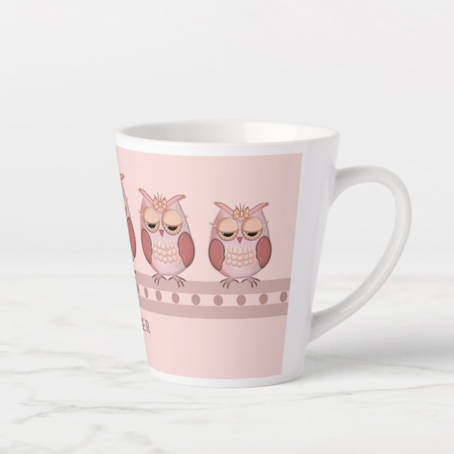 Cute pink owls and custom name latte mug (Right)