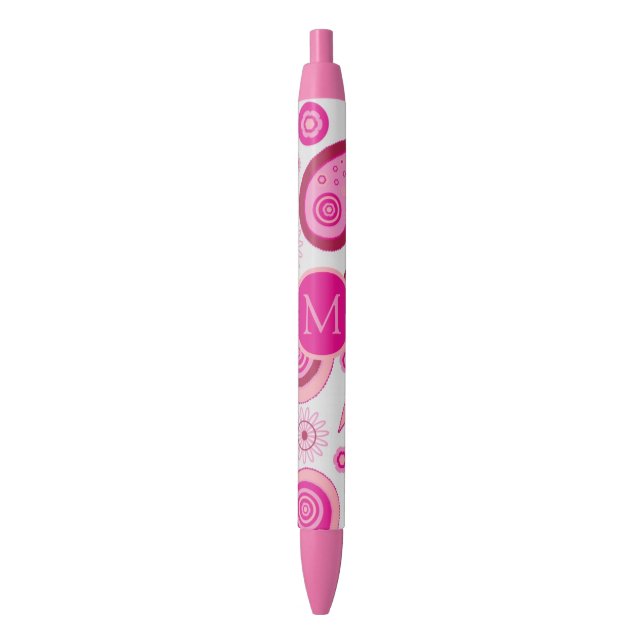 Cute Pink Paisley Monogram Black Ink Pen (Front Vertical)