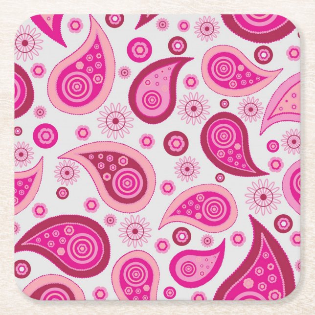 Cute Pink Paisley Pattern Square Paper Coaster (Front)