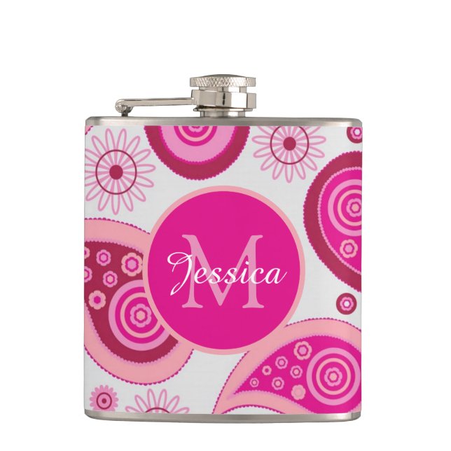 Cute Pink Paisley Personalised Hip Flask (Front)