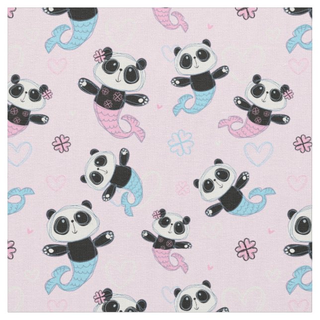 Cute Pink Panda Bear Mermaids Fabric (Close Up)