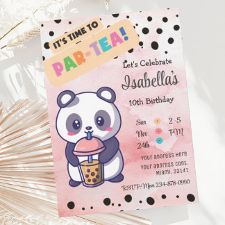 Cute Pink Panda Boba Tea Birthday Invitation