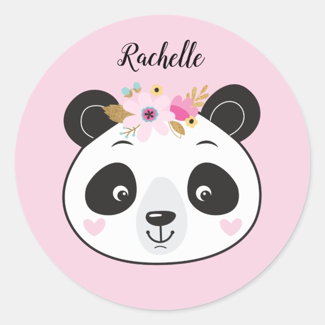Cute Pink Panda Face Girly Personalised Classic Round Sticker (Front)