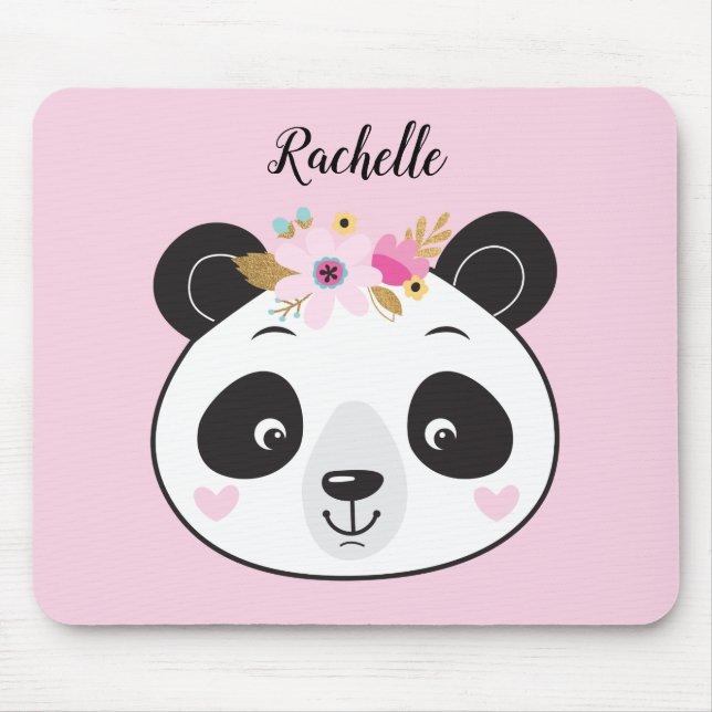 Cute Pink Panda Face Girly Personalised Mouse Mat (Front)