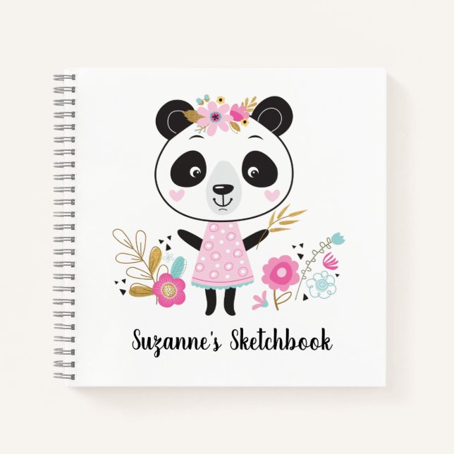 Cute Pink Panda Kids Artist Sketchbook Notebook (Front)