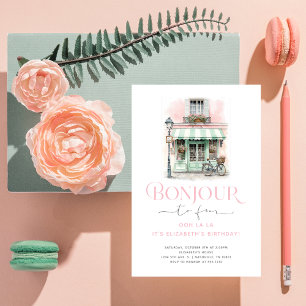 Cute Pink Paris Bonjour to Four 4th Birthday Invitation