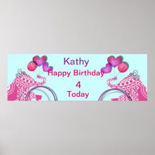 Cute Pink Party Elephant Kids Personalised Banner Poster
