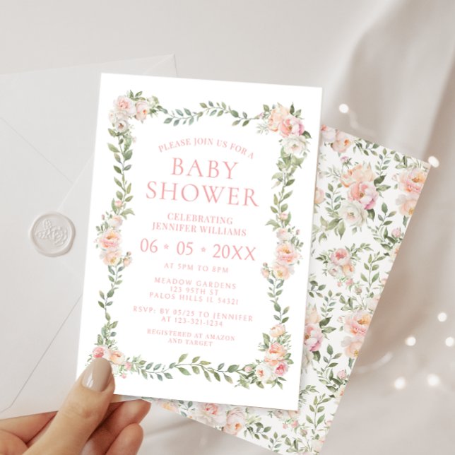 Cute pink pastel bohemian floral baby girl shower invitation (Creator Uploaded)