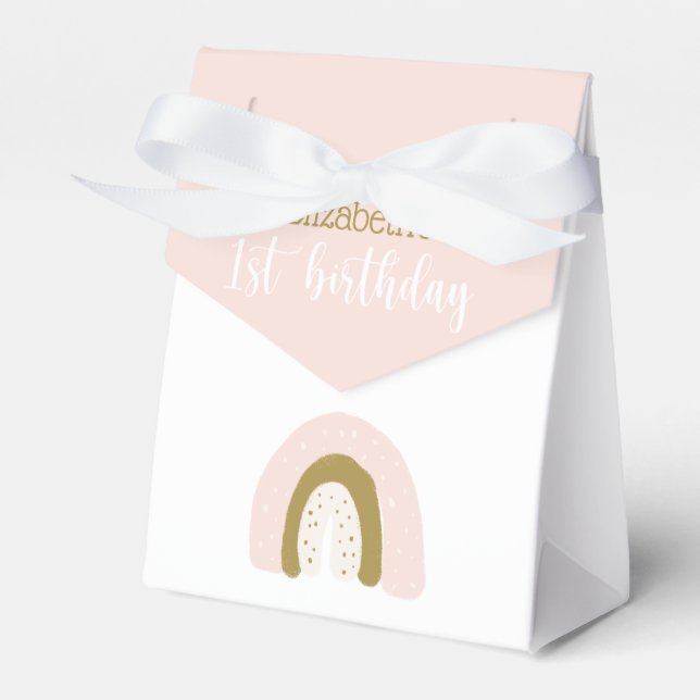 Cute Pink Pastel Boho Rainbow First Birthday Favour Box (Front Side)