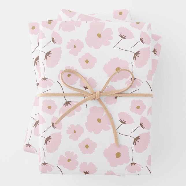Cute Pink Pastel Daisy Floral Wrapping Paper Sheet (In situ)