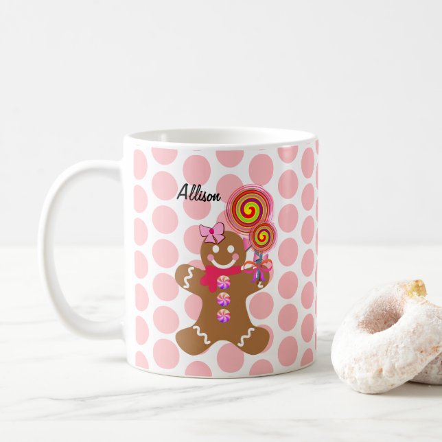 Cute Pink Pastel Gingerbread Girl Personalised Coffee Mug (With Donut)