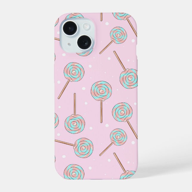 Cute Pink Pastel Lollipop Seamless Pattern iPhone 15 Case (Back)