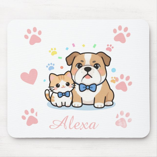 Cute Pink Paw Cat Dog Personalised Name  Mouse Mat (Front)