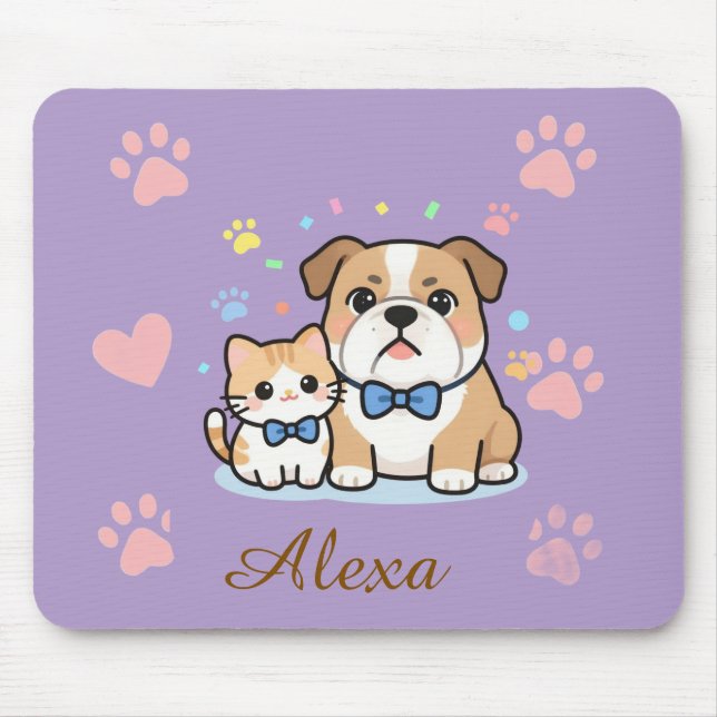 Cute Pink Paw Cat Dog Personalised Name  Mouse Mat (Front)