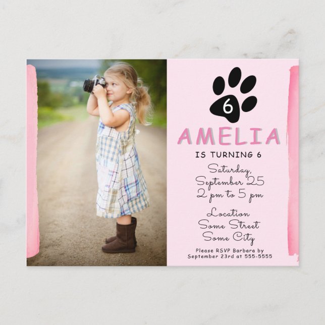 Cute Pink Paw Photo Birthday Party Invitation (Front)