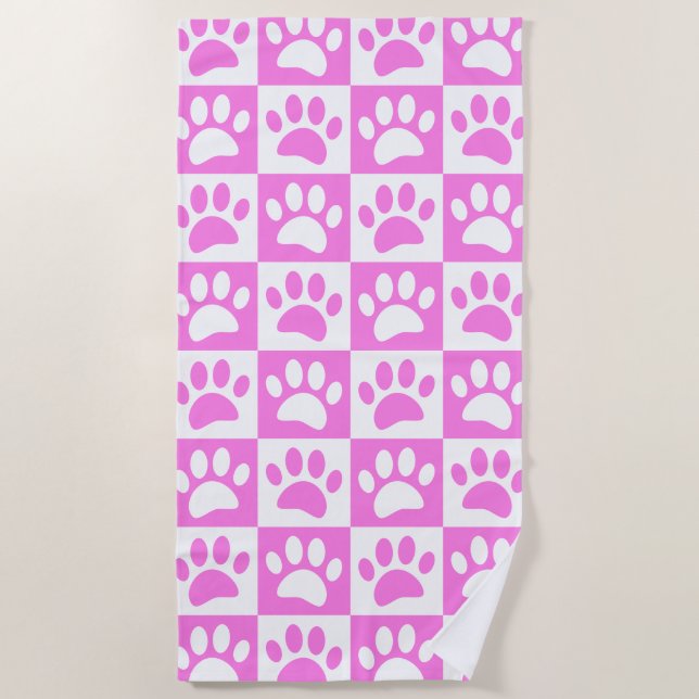 Cute Pink Paw Print And Chequerboard Pattern  Beach Towel (Front)