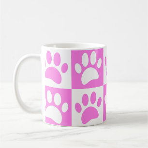Cute Pink Paw Print And Chequerboard Pattern Coffee Mug