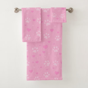 Cute Pink Paw Print & Hearts Bath Towel Set