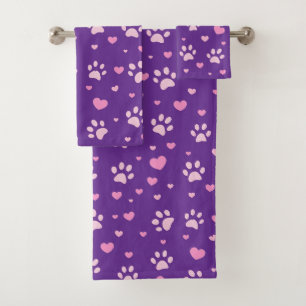 Cute Pink Paw Print & Hearts Bath Towel Set