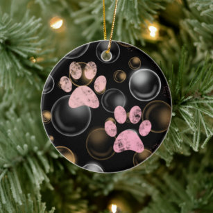cute pink paw print in bubbles ceramic tree decoration