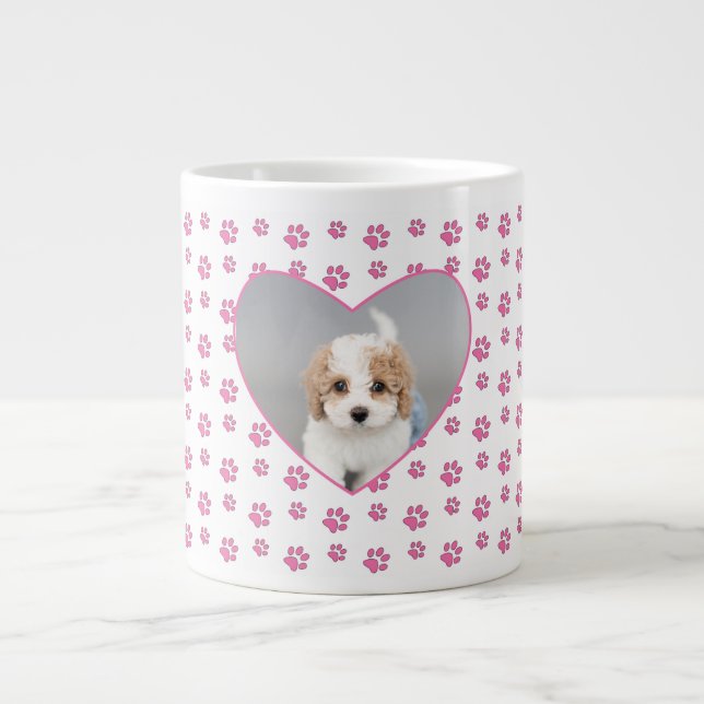 Cute Pink Paw Prints Personalised Dog Mum Photo Large Coffee Mug (Front)