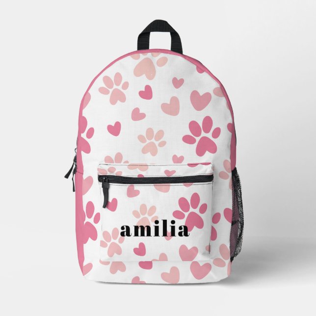 Cute Pink Pawprint Personalised Printed Backpack (Front)