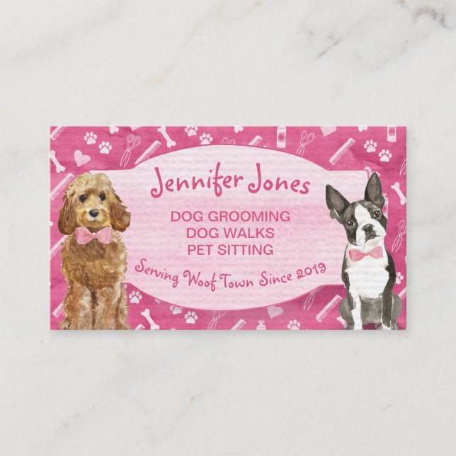 Cute Pink Paws Bones and Dog Grooming Pet Business Card (Front)