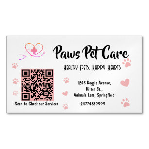 Cute Pink Paws Pet Care Pet Shop Logo Name Barcode Magnetic Business Card